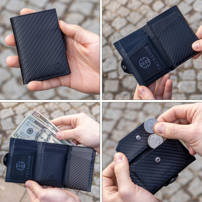 Portofel piele naturala cu protectie anti scanare carduri RFID, design compact trifold, Toscana - negru carbon fiber