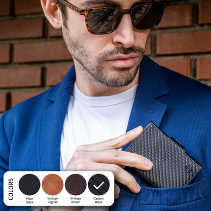 Portofel piele naturala cu protectie anti scanare carduri RFID, design compact trifold, Toscana - negru carbon fiber