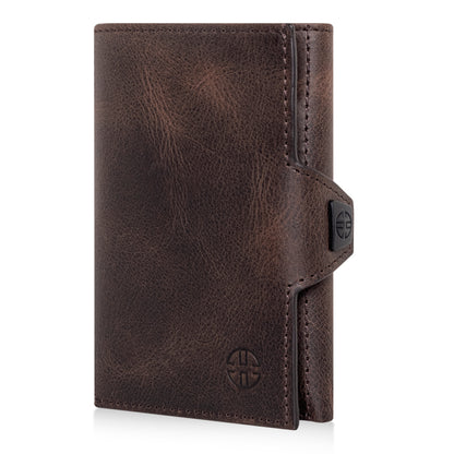 Portofel piele naturala cu protectie anti scanare carduri RFID, design compact trifold, Toscana - maro