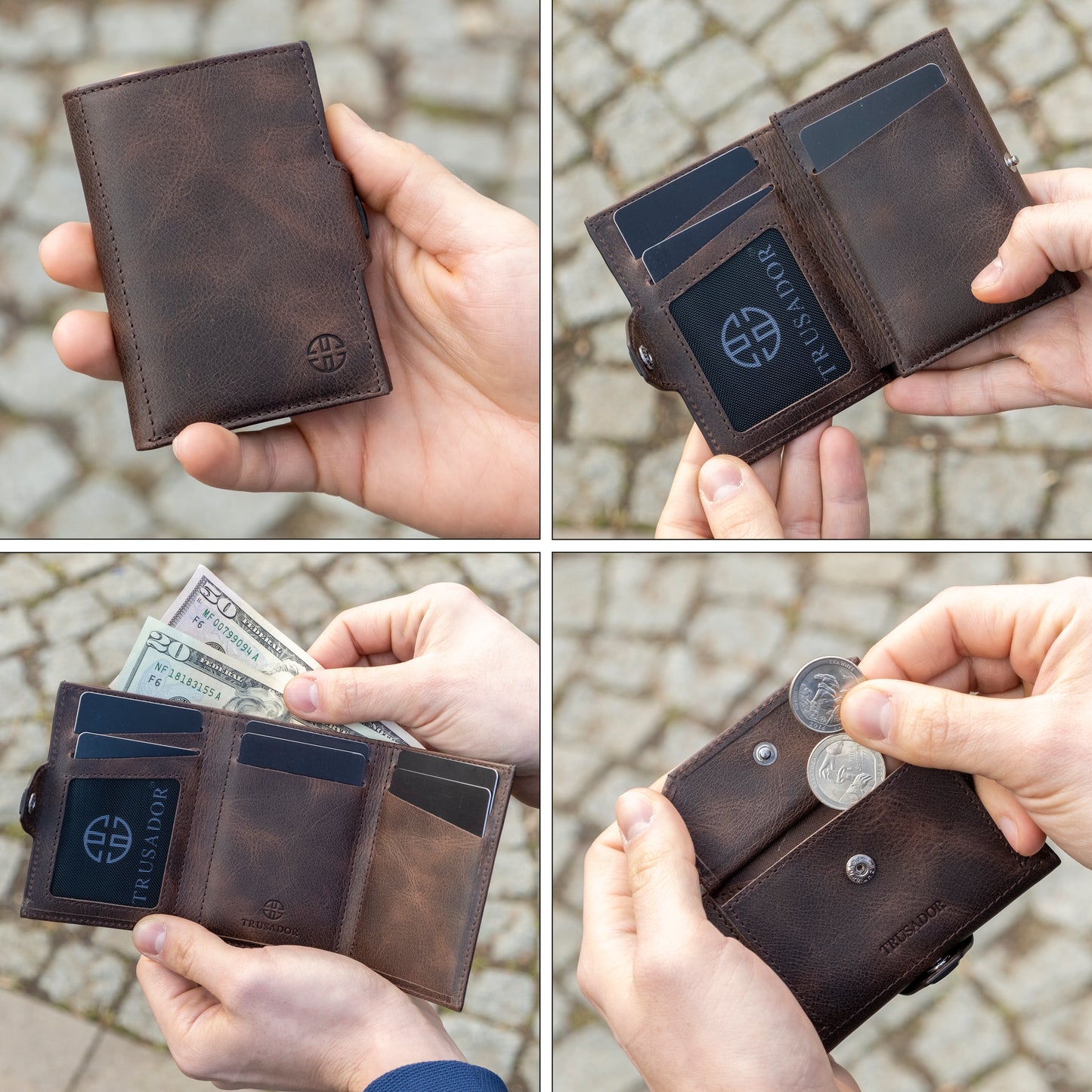 Portofel piele naturala cu protectie anti scanare carduri RFID, design compact trifold, Toscana - maro