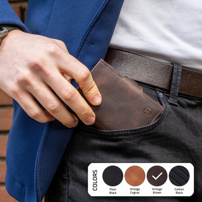 Portofel piele naturala cu protectie anti scanare carduri RFID, design compact trifold, Toscana - maro