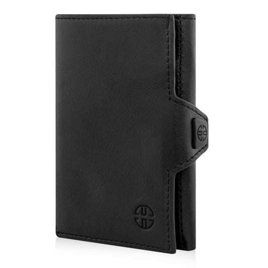 Portofel piele naturala cu protectie anti scanare carduri RFID, design compact trifold, Toscana - negru