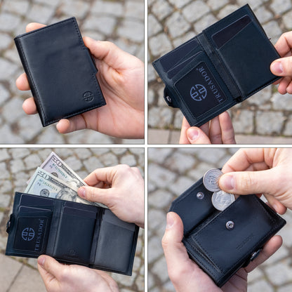 Portofel piele naturala cu protectie anti scanare carduri RFID, design compact trifold, Toscana - negru