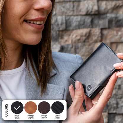 Portofel piele naturala cu protectie anti scanare carduri RFID, design compact trifold, Toscana - negru