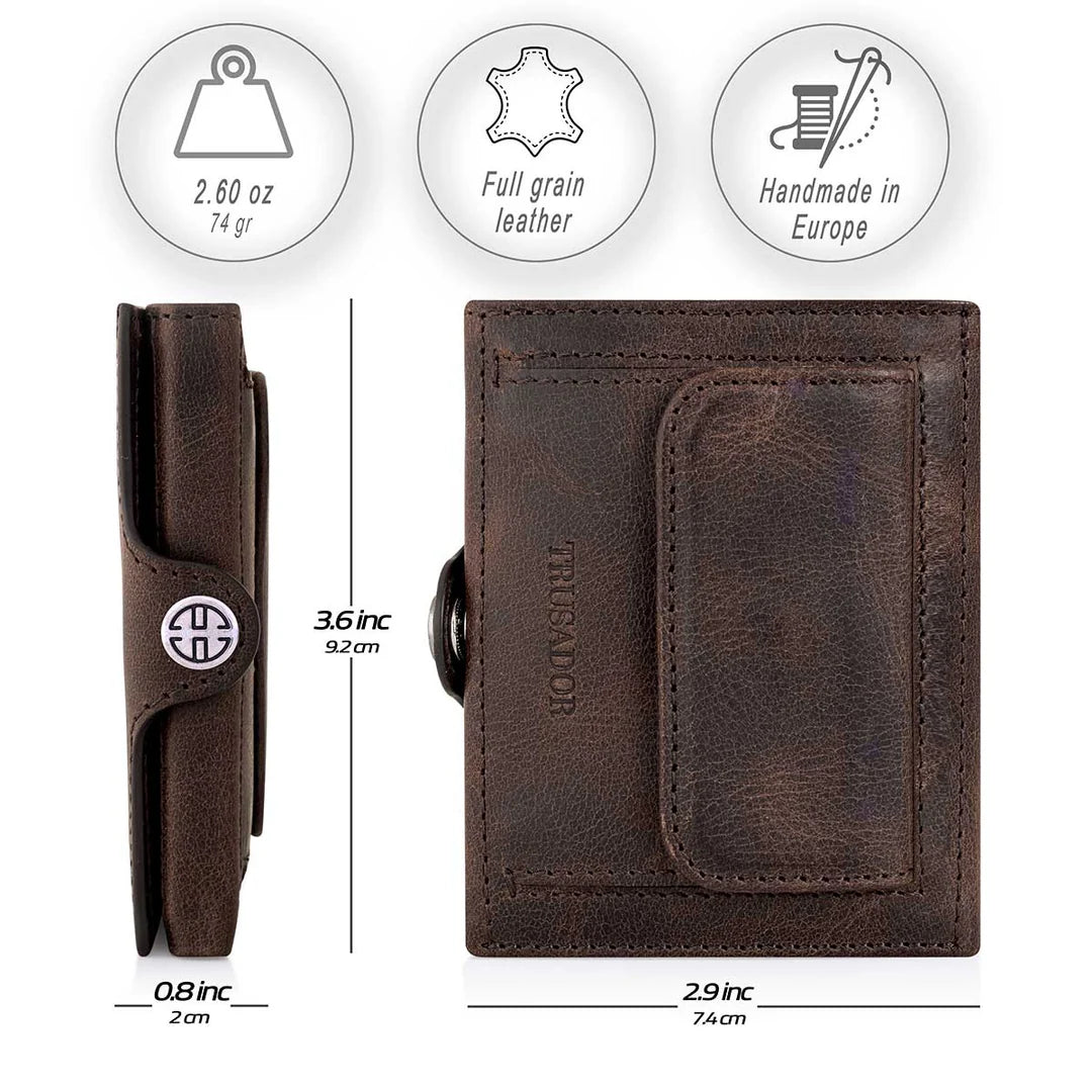 Portofel piele naturala cu protectie anti scanare carduri RFID, design compact trifold, Valencia - maro