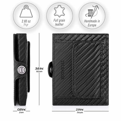 Portofel piele naturala cu protectie anti scanare carduri RFID, design compact trifold, Valencia - negru carbon fiber