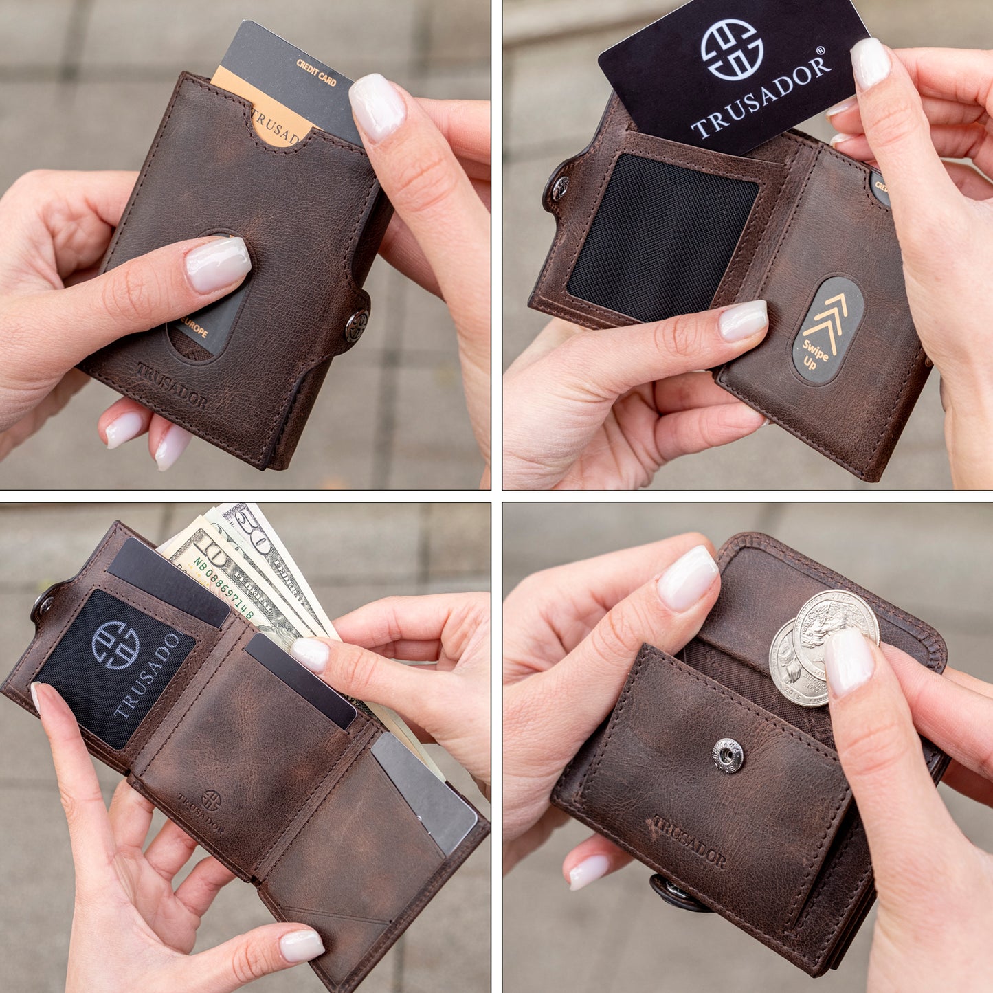 Portofel piele naturala cu protectie anti scanare carduri RFID, design compact trifold, Valencia - maro