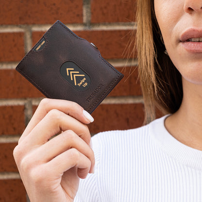 Portofel piele naturala cu protectie anti scanare carduri RFID, design compact trifold, Valencia - maro