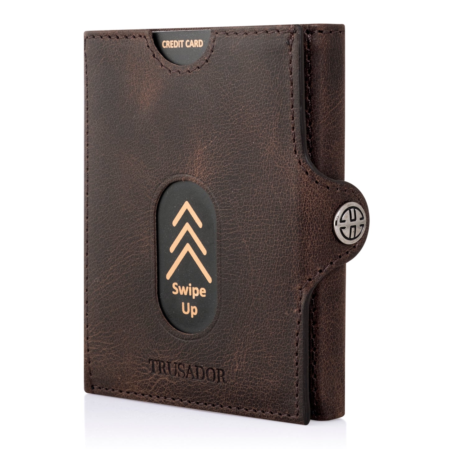 Portofel piele naturala cu protectie anti scanare carduri RFID, design compact trifold, Valencia - maro