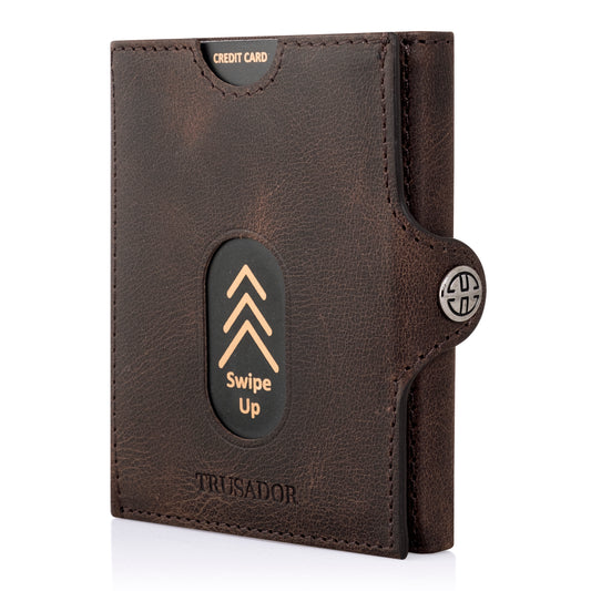 Portofel piele naturala cu protectie anti scanare carduri RFID, design compact trifold, Valencia - maro