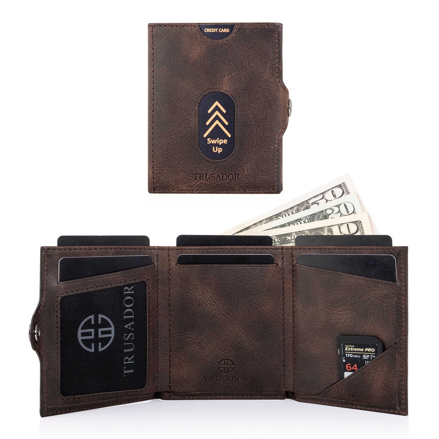 Portofel piele naturala cu protectie anti scanare carduri RFID, design compact trifold, Valencia - maro