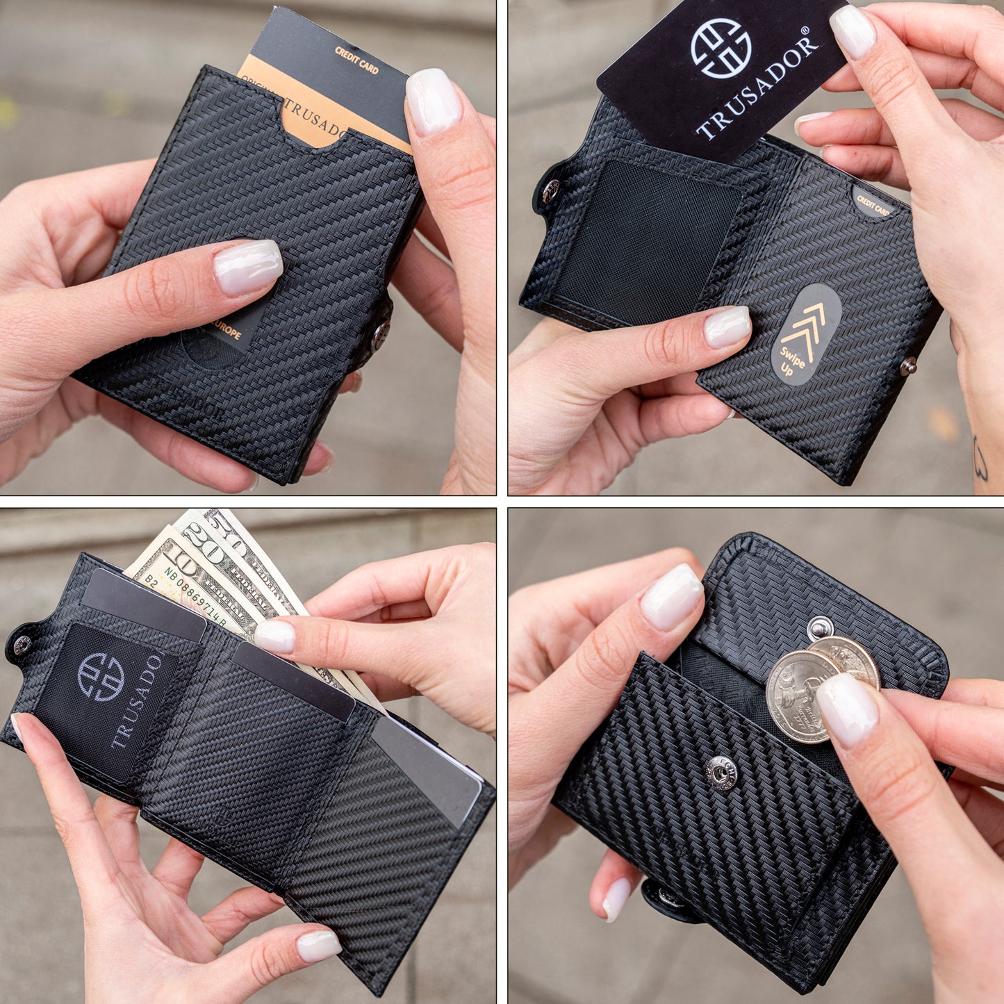 Portofel piele naturala cu protectie anti scanare carduri RFID, design compact trifold, Valencia - negru carbon fiber