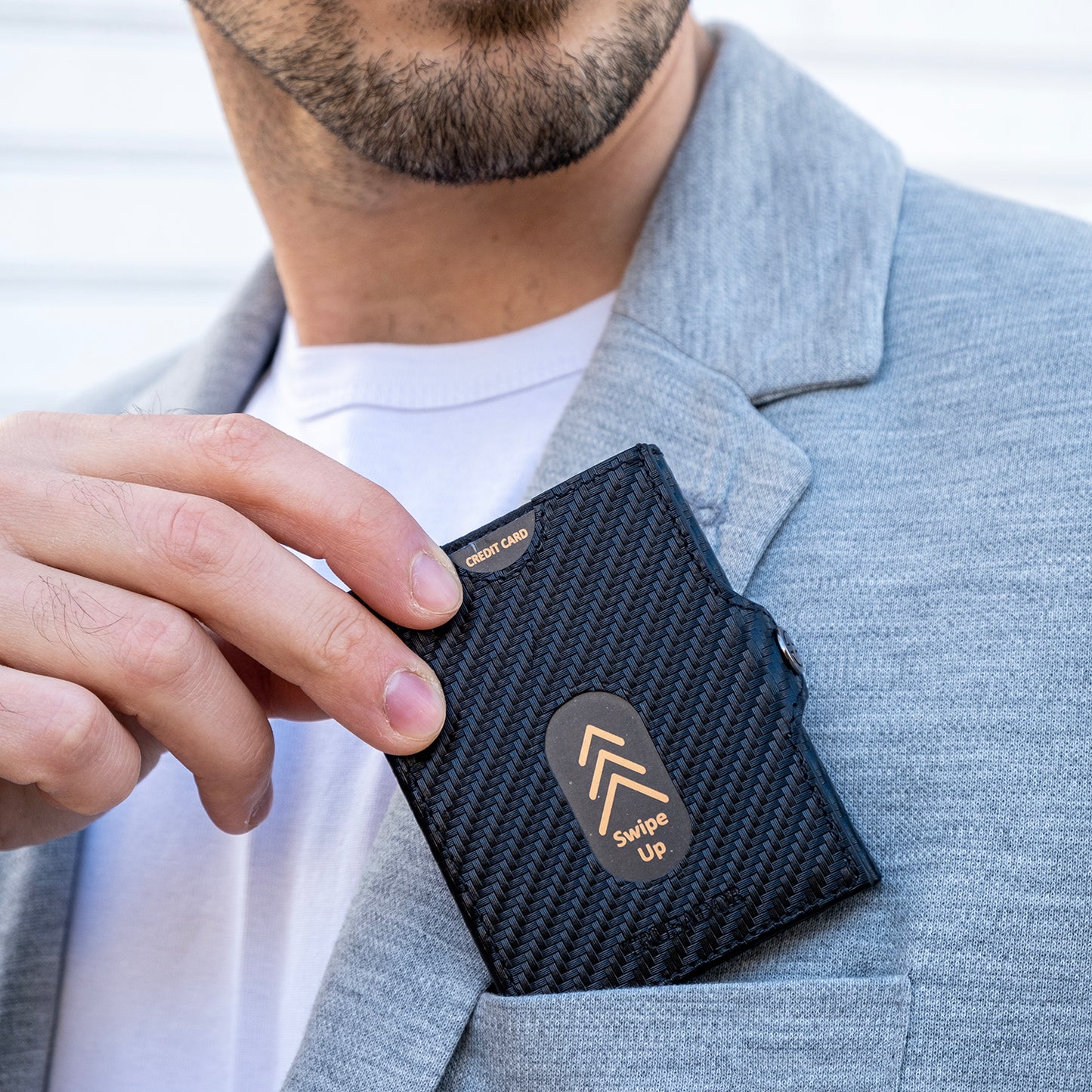 Portofel piele naturala cu protectie anti scanare carduri RFID, design compact trifold, Valencia - negru carbon fiber
