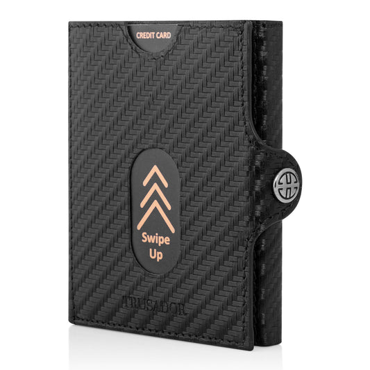 Portofel piele naturala cu protectie anti scanare carduri RFID, design compact trifold, Valencia - negru carbon fiber
