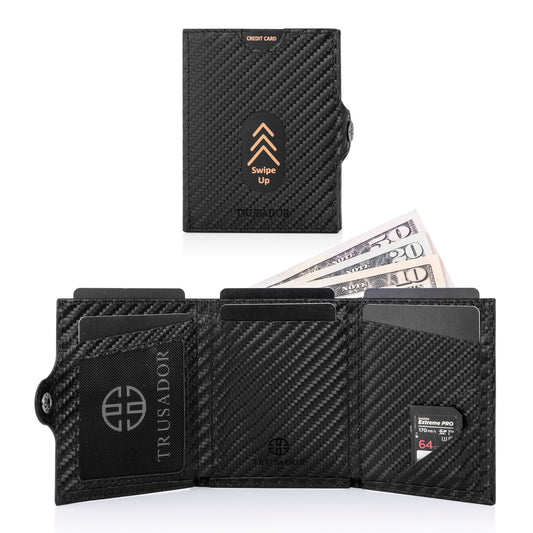 Portofel piele naturala cu protectie anti scanare carduri RFID, design compact trifold, Valencia - negru carbon fiber