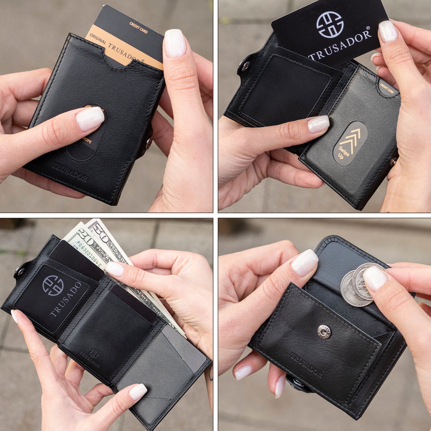 Portofel piele naturala cu protectie anti scanare carduri RFID, design compact trifold, Valencia - negru