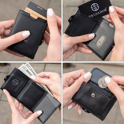 Portofel piele naturala cu protectie anti scanare carduri RFID, design compact trifold, Valencia - negru