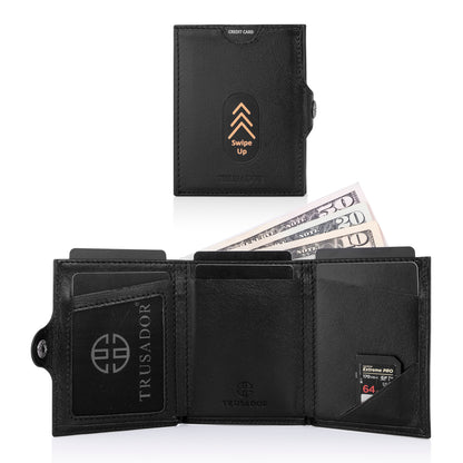 Portofel piele naturala cu protectie anti scanare carduri RFID, design compact trifold, Valencia - negru