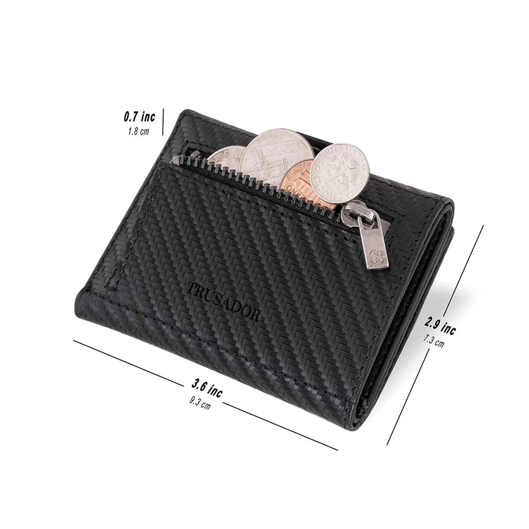 Portofel piele naturala cu protectie anti scanare carduri RFID, design compact trifold, Verona - negru carbon fiber