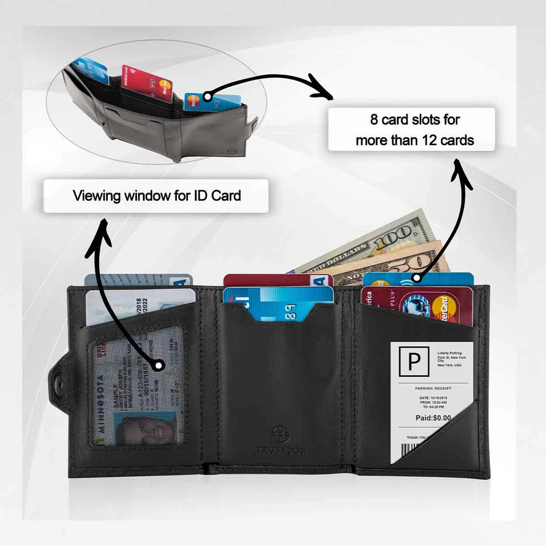 Portofel piele naturala cu protectie anti scanare carduri RFID, design compact trifold, Verona - negru