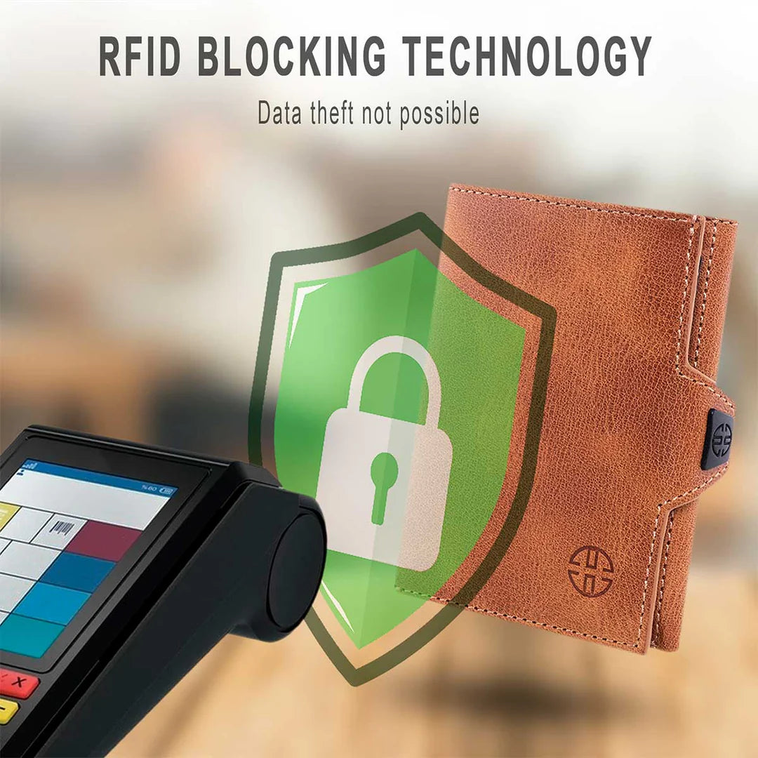 Portofel piele naturala cu protectie anti scanare carduri RFID, design compact trifold, Verona - maro