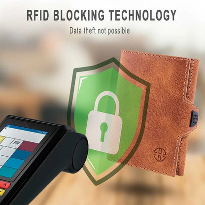 Portofel piele naturala cu protectie anti scanare carduri RFID, design compact trifold, Verona - maro