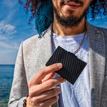 Portofel piele naturala cu protectie anti scanare carduri RFID, design compact trifold, Verona - negru carbon fiber