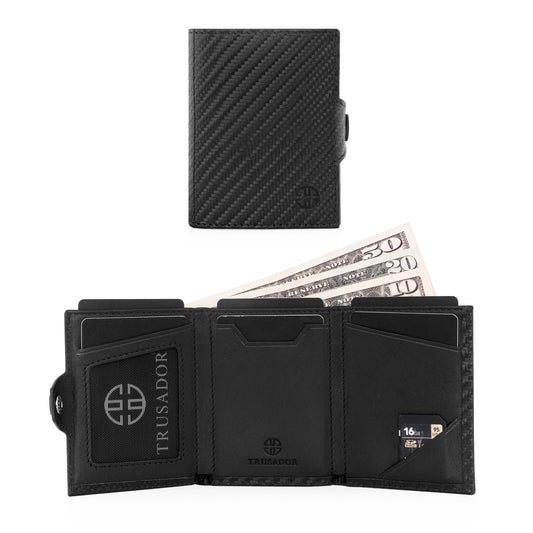 Portofel piele naturala cu protectie anti scanare carduri RFID, design compact trifold, Verona - negru carbon fiber