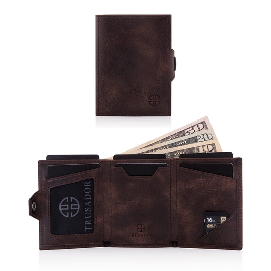 Portofel piele naturala cu protectie anti scanare carduri RFID, design compact trifold, Verona - maro