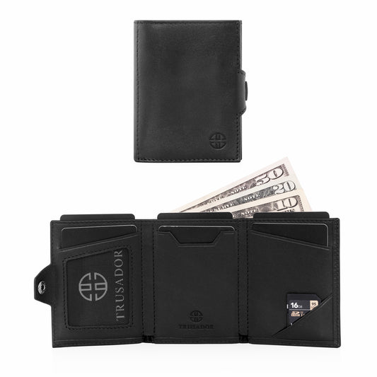 Portofel piele naturala cu protectie anti scanare carduri RFID, design compact trifold, Verona - negru