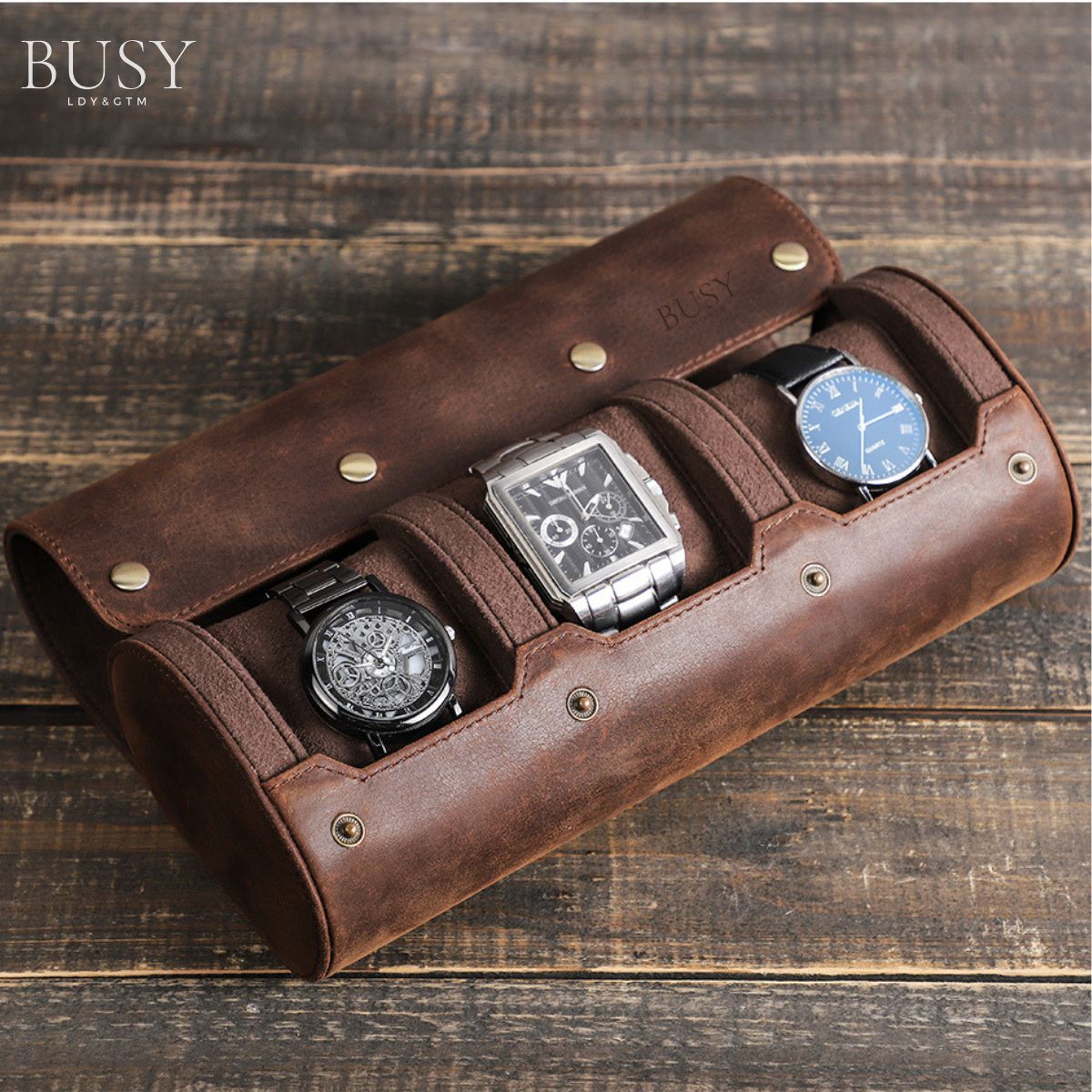 Cutie pentru colecția de ceasuri din piele naturală Crazy Horse | Watch Roll Premium pentru 3 ceasuri | BUSY LDY & GTM® Graal - coffee