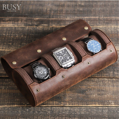 Cutie pentru colecția de ceasuri din piele naturală Crazy Horse | Watch Roll Premium pentru 3 ceasuri | BUSY LDY & GTM® Graal - coffee
