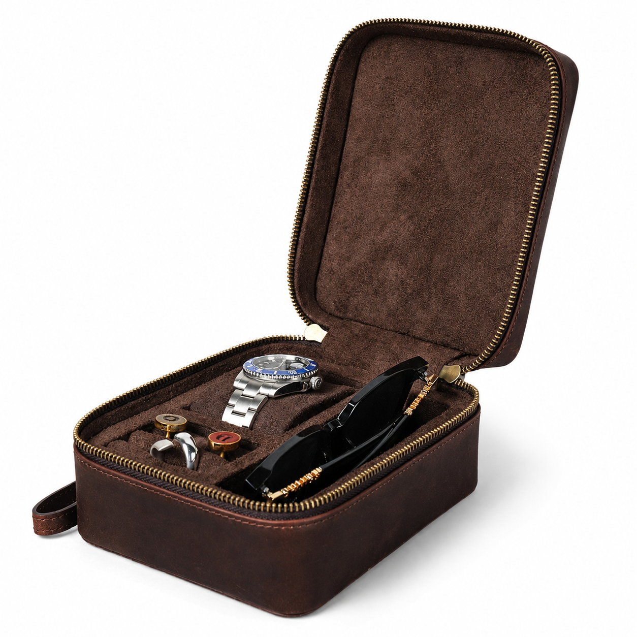 Cutie colectie ceas, ochelari, bijuterii, din piele naturala Crazy Horse, Caliber BUSY LDY & GTM® - coffee