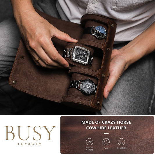 Cutie pentru colecția de ceasuri din piele naturală Crazy Horse | Watch Roll Premium pentru 3 ceasuri | BUSY LDY & GTM® Graal - coffee
