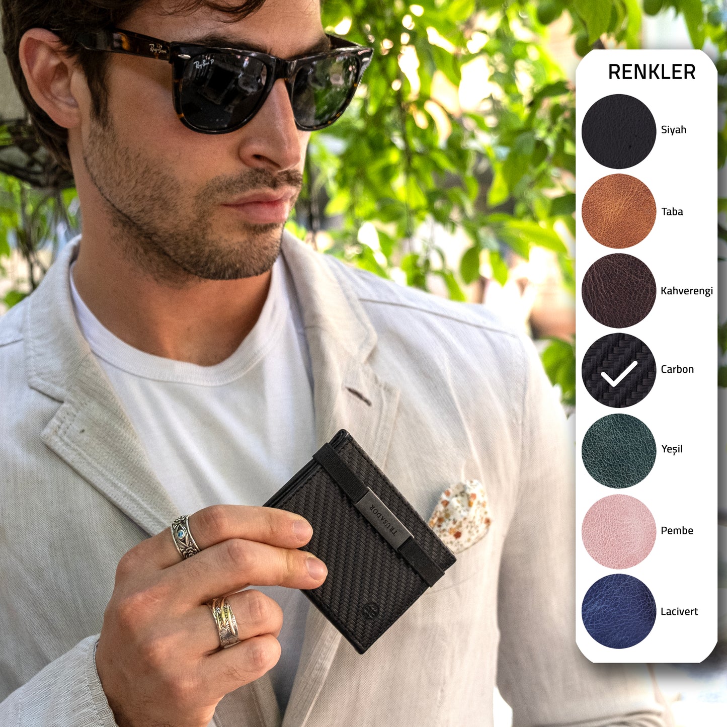 Portofel piele naturala cu cu oglinda si protectie anti scanare carduri RFID, design compact trifold, Marseille - negru carbon fiber