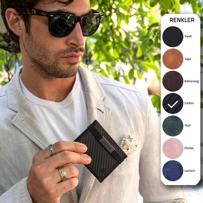 Portofel piele naturala cu cu oglinda si protectie anti scanare carduri RFID, design compact trifold, Marseille - negru carbon fiber