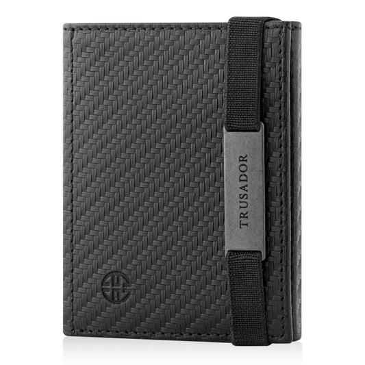 Portofel piele naturala cu cu oglinda si protectie anti scanare carduri RFID, design compact trifold, Marseille - negru carbon fiber