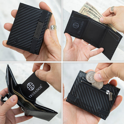 Portofel piele naturala cu cu oglinda si protectie anti scanare carduri RFID, design compact trifold, Marseille - negru carbon fiber