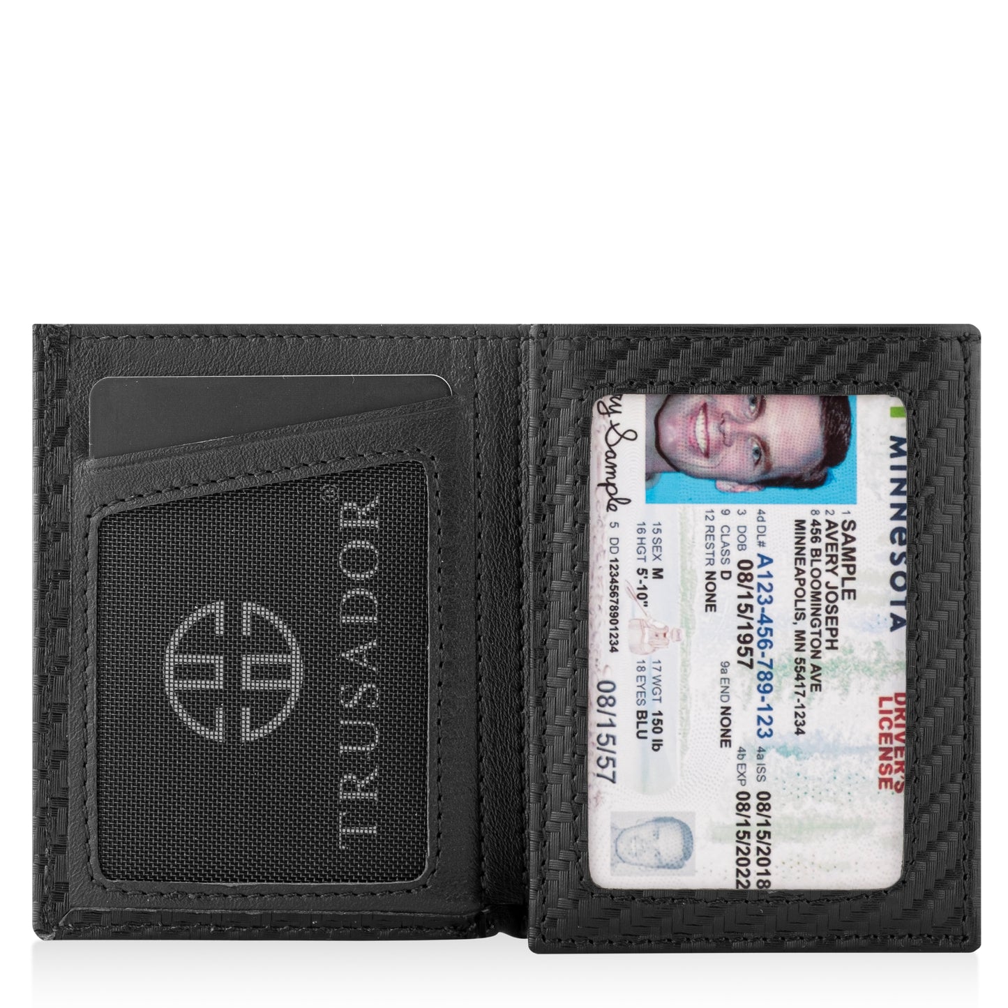 Portofel piele naturala cu cu oglinda si protectie anti scanare carduri RFID, design compact trifold, Marseille - negru carbon fiber