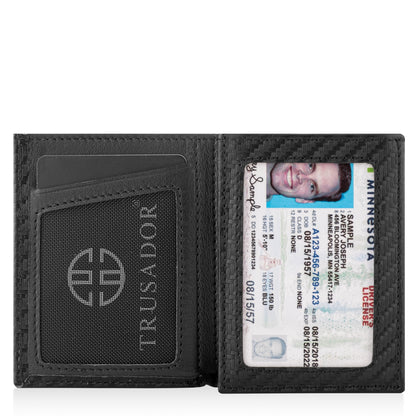 Portofel piele naturala cu cu oglinda si protectie anti scanare carduri RFID, design compact trifold, Marseille - negru carbon fiber