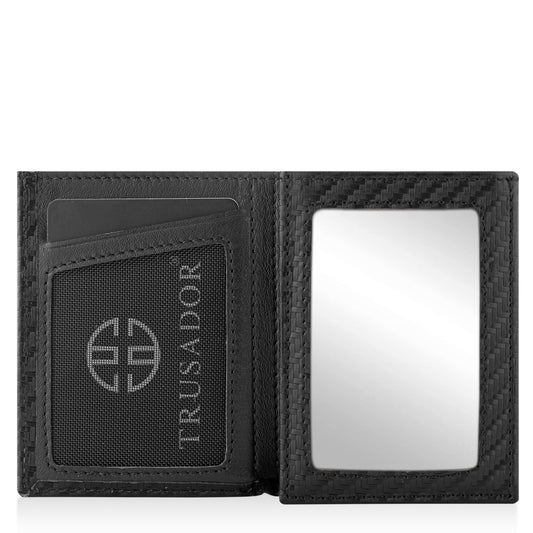 Portofel piele naturala cu cu oglinda si protectie anti scanare carduri RFID, design compact trifold, Marseille - negru carbon fiber