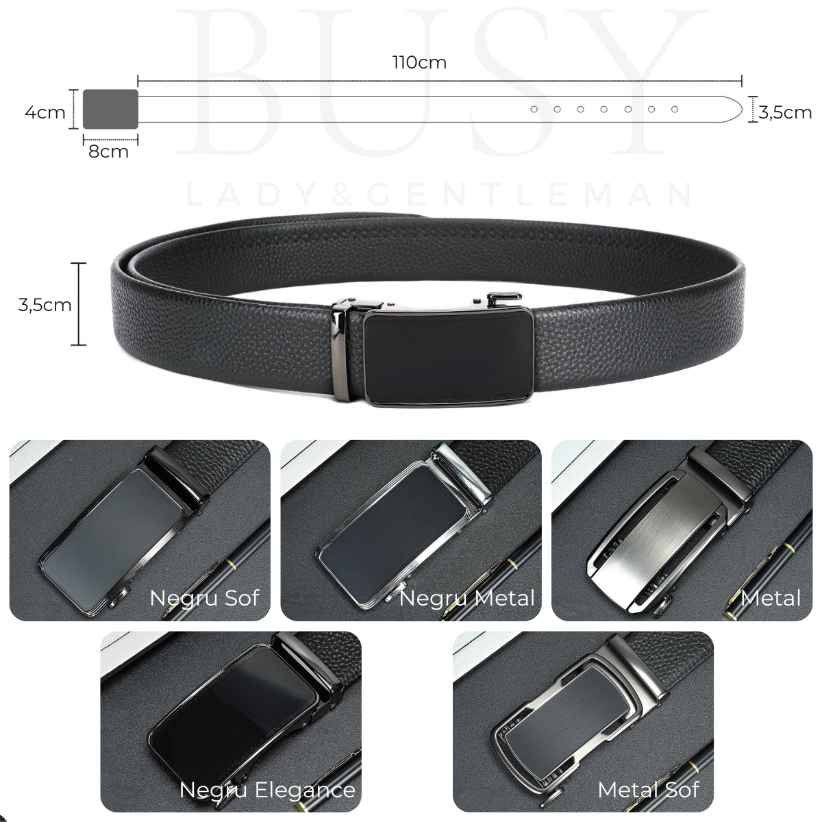 Curea barbati piele naturală, cataramă automată, Negru Metal