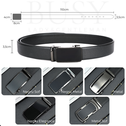 Curea barbati piele naturală, cataramă automată, Negru Metal