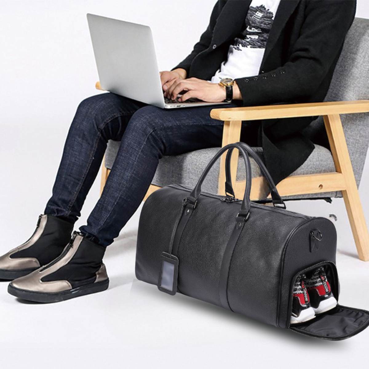Geanta voiaj / fitness Nomad, piele naturala, compartiment incaltaminte, unisex, capacitate mare, neagra