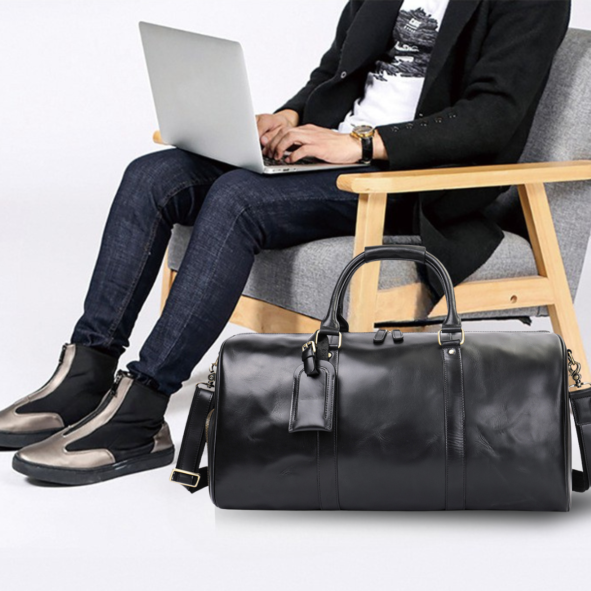 Geanta voiaj piele naturala barbati sala fitness unisex Nomad Busy Lady & Gentleman negru