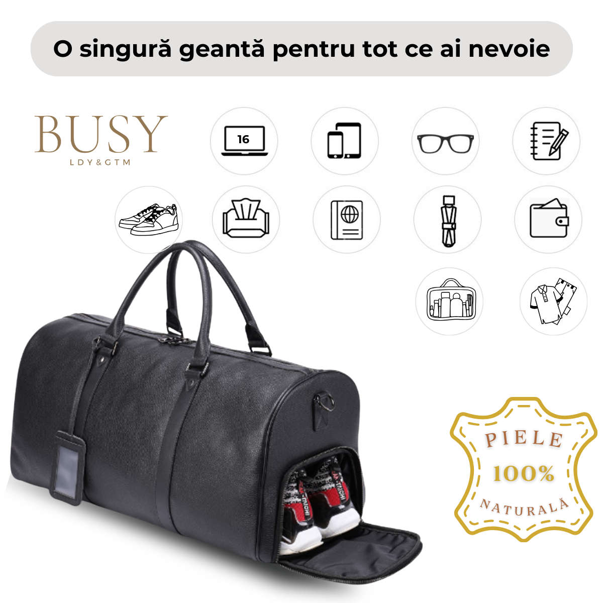 Geanta voiaj / fitness Nomad, piele naturala, compartiment incaltaminte, unisex, capacitate mare, neagra