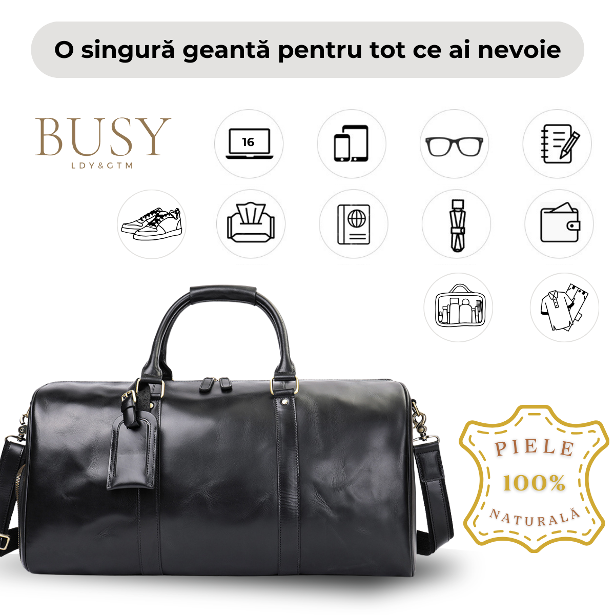 Geanta voiaj piele naturala barbati sala fitness unisex Nomad Busy Lady & Gentleman negru