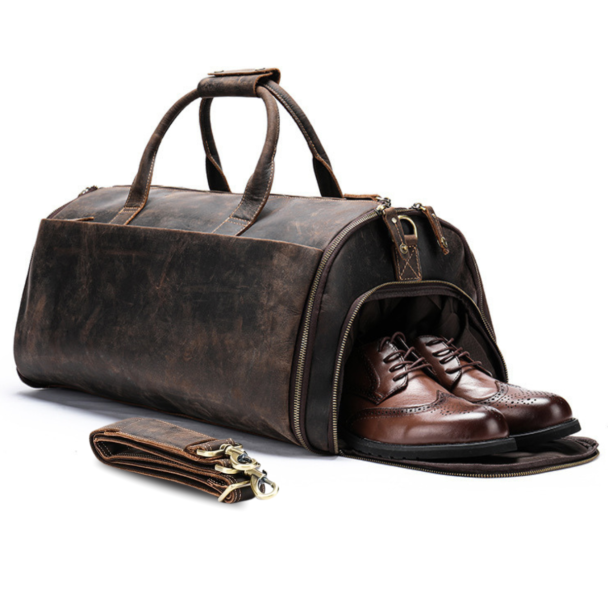 Geanta de voiaj din piele naturala, multifunctionala, Atlas, capacitate mare, compartiment costum si incaltaminte, maro inchis vintage
