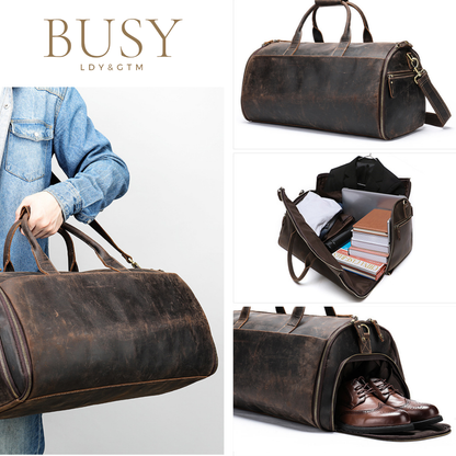Geanta de voiaj din piele naturala, multifunctionala, Atlas, capacitate mare, compartiment costum si incaltaminte, maro inchis vintage