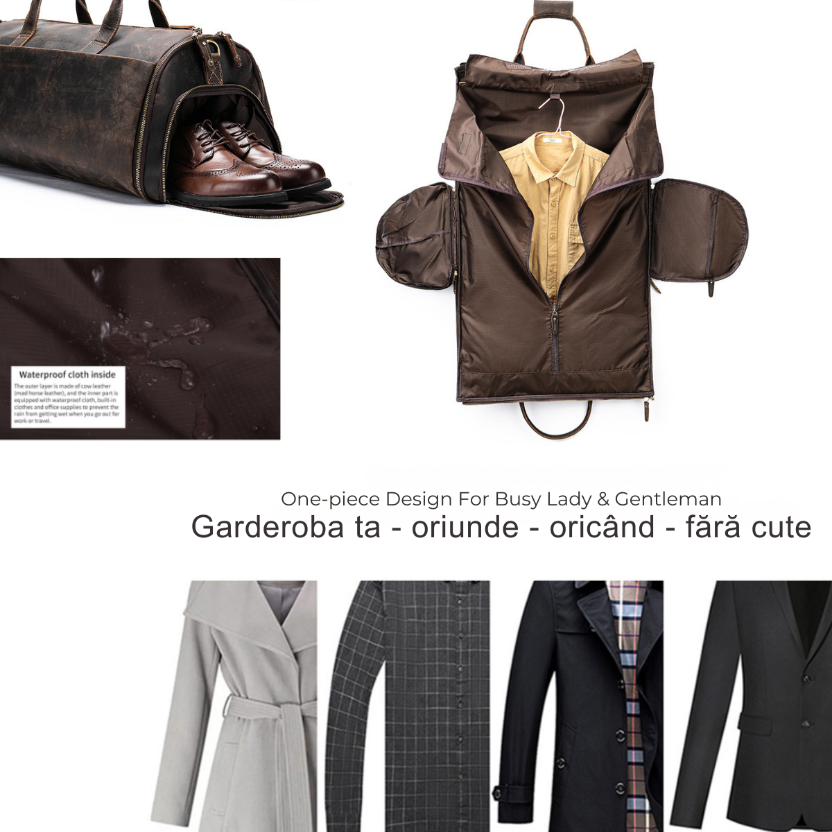 Geanta de voiaj din piele naturala, multifunctionala, Atlas, capacitate mare, compartiment costum si incaltaminte, maro inchis vintage